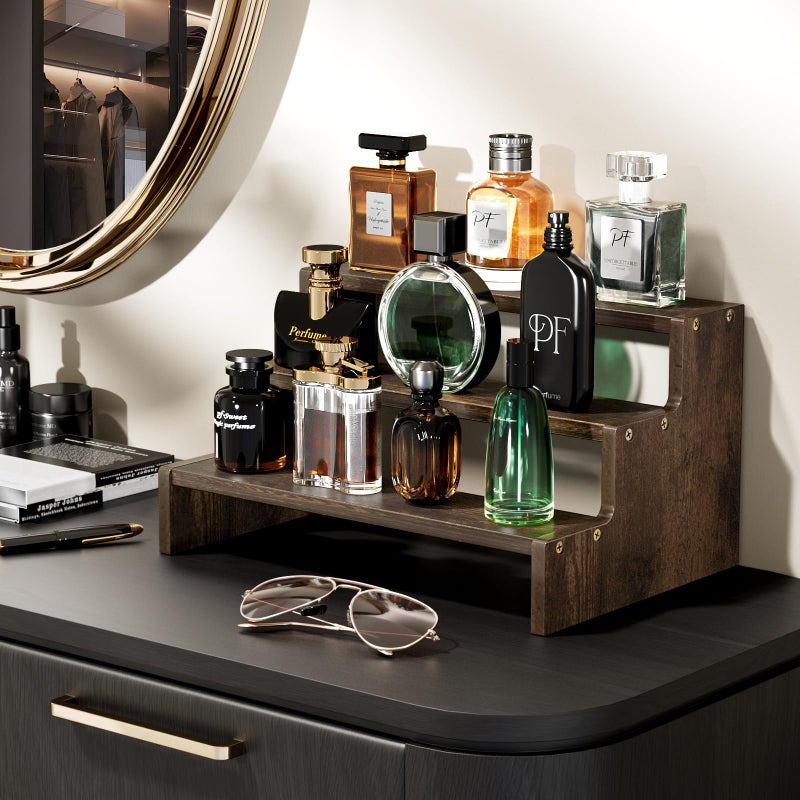 بروكاس منظم كولونيا خشبي للرجال من بروكيس، رافعات عرض منظم العطور من 3 طبقات، منظم حامل حامل كولونيا للرجال، رف رف كولونيا للعطور والشموع ومستحضرات التجميل على شكل كب كيك - بني - Image 2